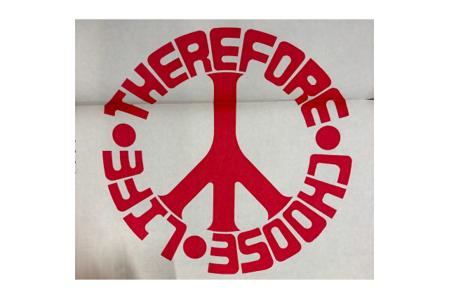 Image depicting "Therefore Choose Life" as a circle intersected with three thick lines to make a peace symbol