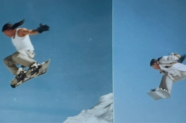 Two pictures are shown side by side of an adult man in the air while snowboarding.