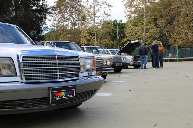 Front grills of cars lined up for a car show with men checking under the hood of the last car in the row.