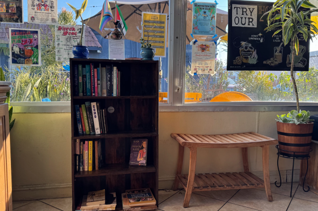 A wooden bookshelf filled with books stands against a sunlit window in Cruzita's Deli, decorated with community posters and a small Palestinian flag.