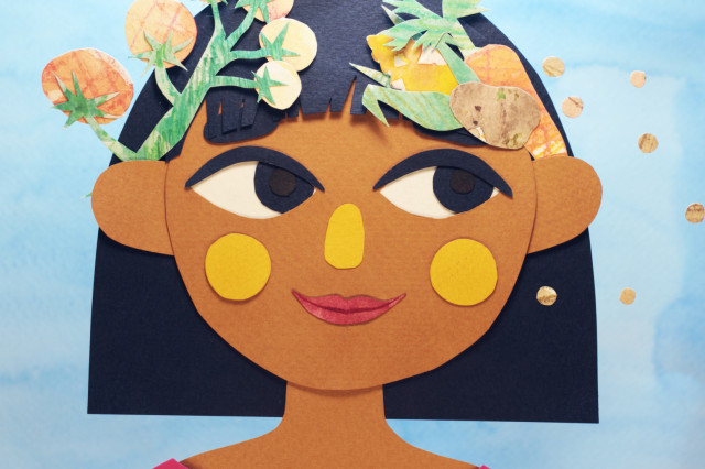 Illustration of woman with yellow circles on her cheeks and plant material in her hair