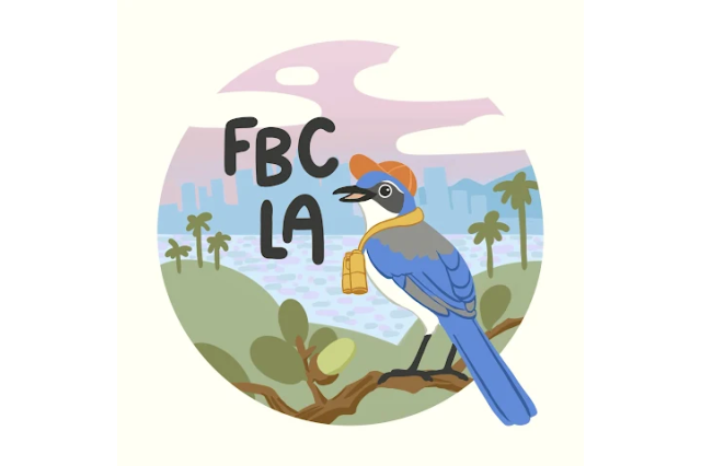 A graphic image of a blue bird wearing a red cap sits on a branch with a city silhouette in the background, with the letters "FBC LA"