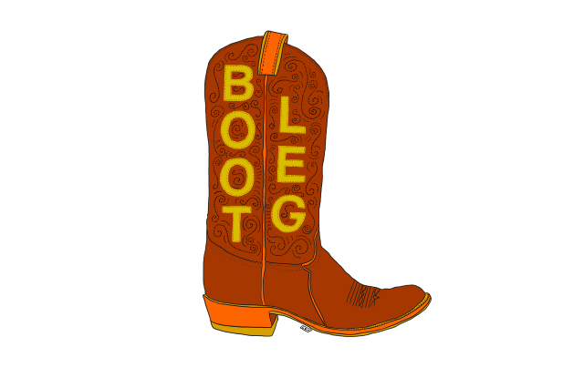 A red and orange cowboy boot has yellow text that reds "bootleg".