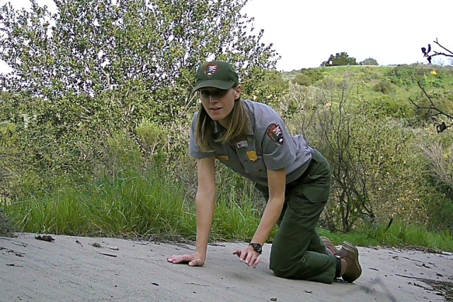 Mary Logan wearing a green hat and uniform, kneeling on cement with grass and bushes in the background