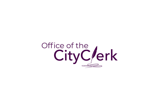 Logo that reads "Office of the City Clerk" with the letter "l" depicted as a feather