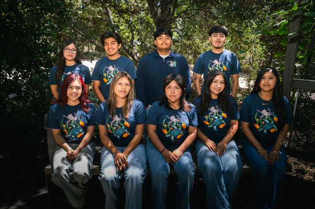 Interns wearing matching shirts and seated in two rows, one behind the other