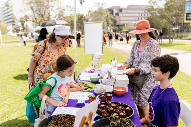 Parents and children looking at tiny potted plants on a table