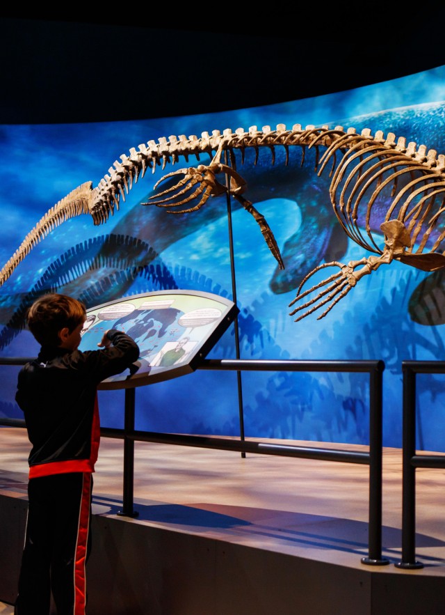 kids looking at exhibit in antarctic dinosaurs