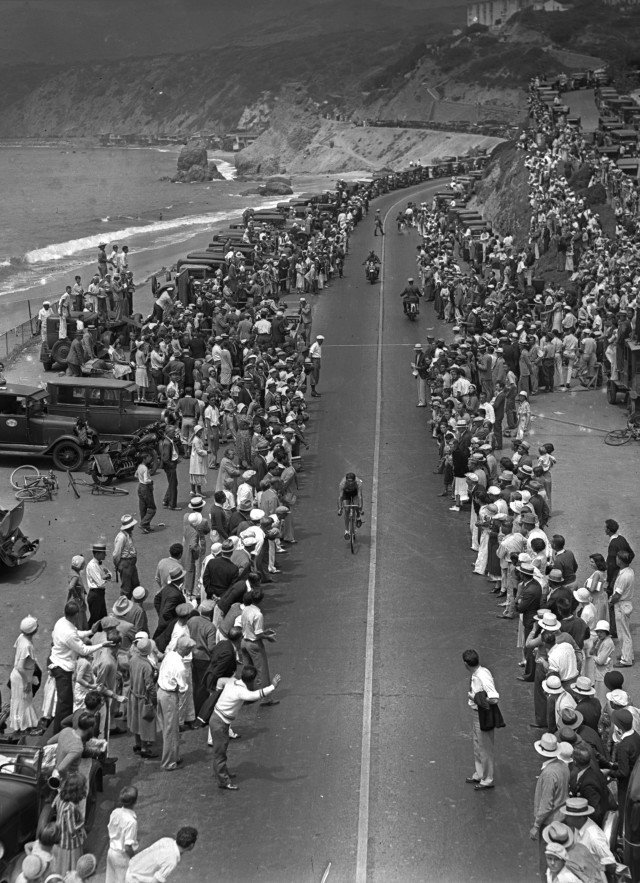 black and white image of motorcycles driving down pch seaver center