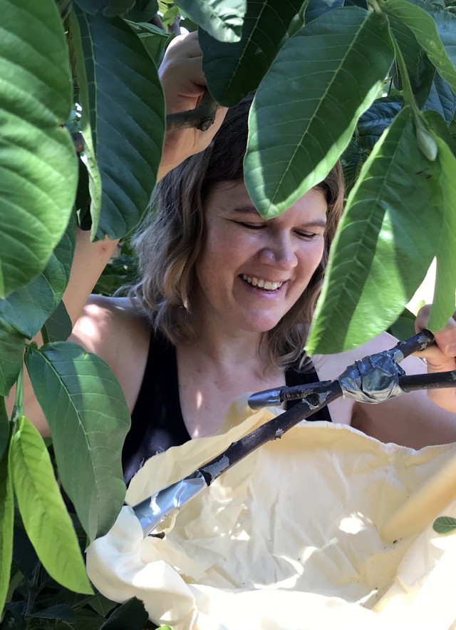 Woman holding beat sheet under a leafy bush