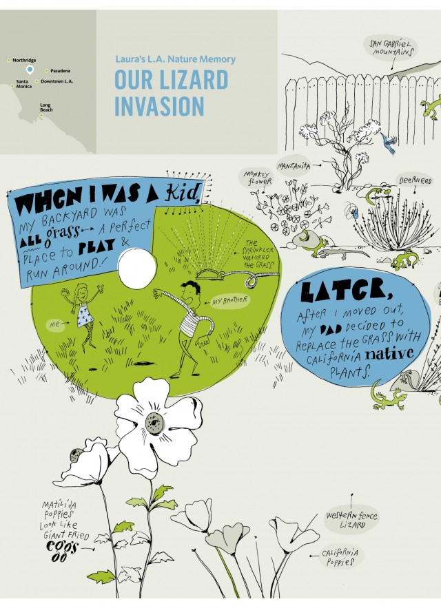 Laura's nature memory map of a "lizard invasion" in a backyard