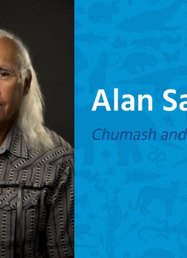 slide with the text &quot;Alan Salazar, Chumash and Tataviam Elder&quot;, and a picture of Alan, a man with shoulder length white hair and a patterned shirt