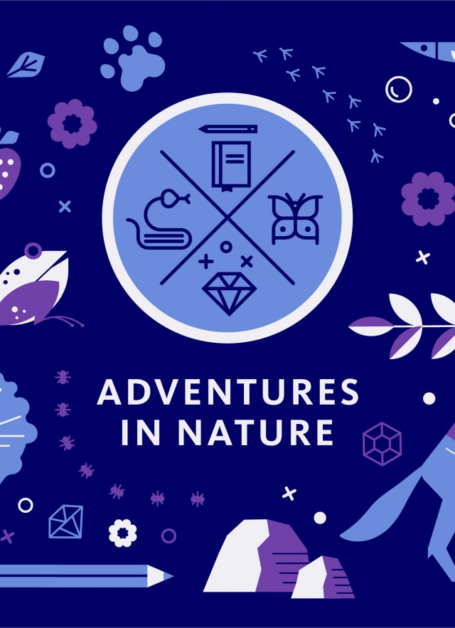 blue background with icons of coyote, triceratops skull, berries, etc. Text says Adventures in Nature