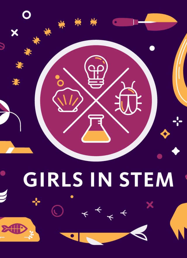 Girls in Stem text with a variety of icons in purple, yellow, and pink