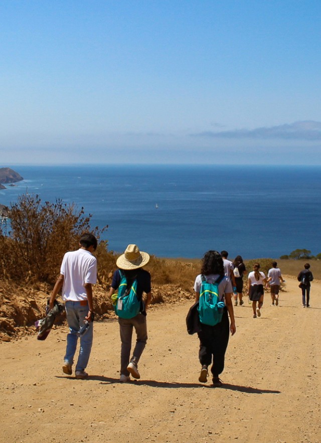 Marine Science Teen Interns seen from behind walking on a trail towards the ocean
