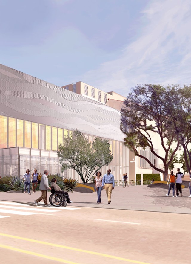 Rendering of the NHM Commons, including a rectangular background with glowing yellow windows, people in the crosswalk, including someone pushing another person in a wheelchair