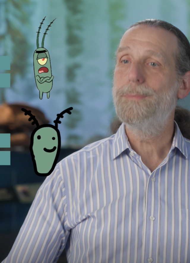 Dean Pentcheff in front of Plankton from SpongeBob Square Pants