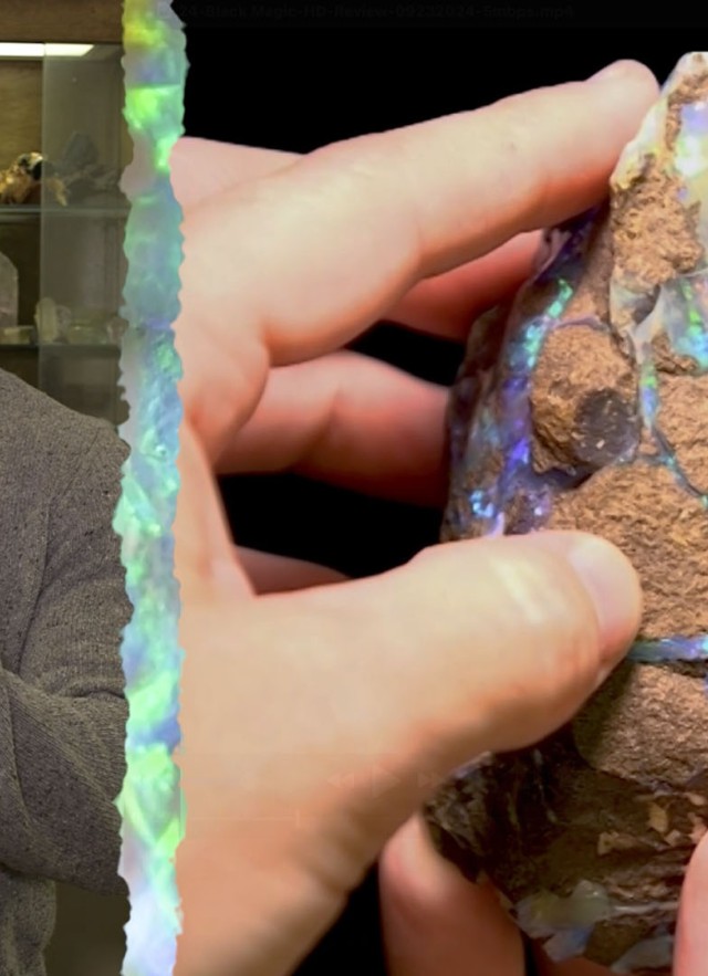 Aaron Celestian holding a reddish-brown stone with stripes of greenish iridescent stripes next to a closeup of the stone