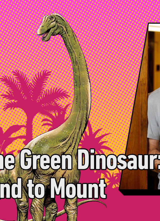 Green dinosaur next to rectangular portrait of Luis Chiappe against a pink background with palm trees