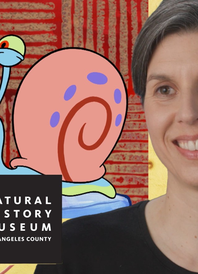Woman smiling on the right side of the image, Gary the snail on the right giving a slimy green thumbs up above logos reading &#039;Our World&#039; and &#039;Natural History Museum of Los Angeles County&#039;
