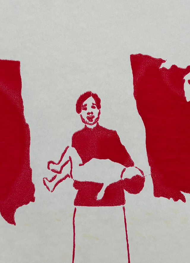 A mother holds her dead child between the North American continent all depicted in red
