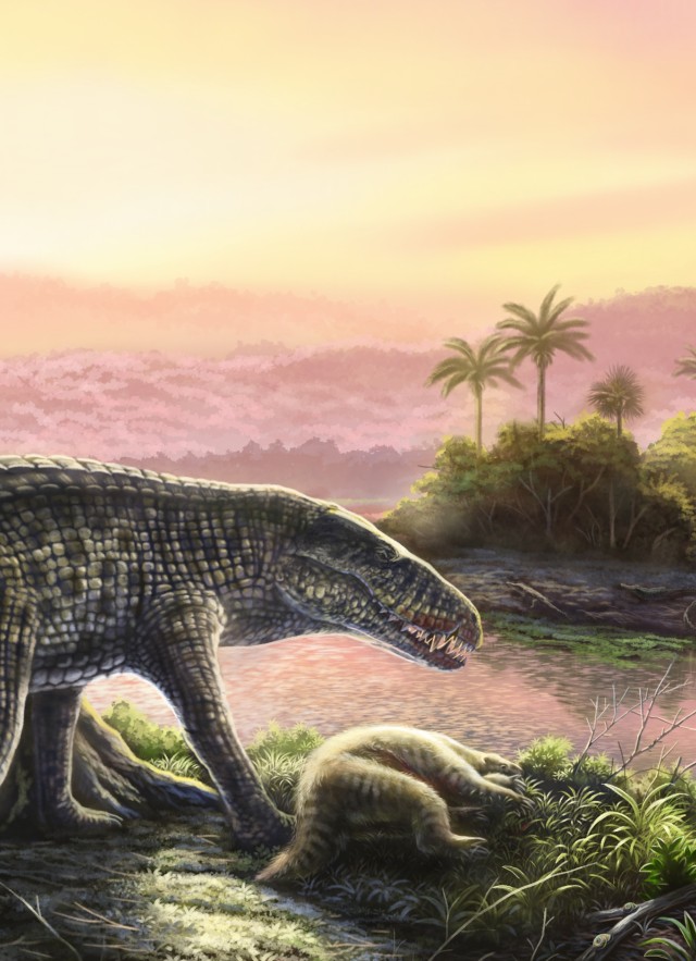 Painting of a sebecid stalking a megalocnid ground sloth in a coastal pond around 5.8 million years ago