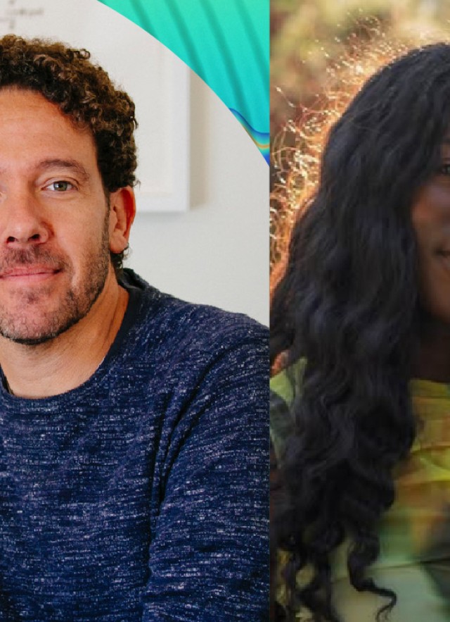 Head and shoulders portrait of DJ Kurs, wearing a blue long sleeve shirt, next to a head and shoulders portrait Dr. Yewande Pearse, wearing a yellow and green long sleeve shirt