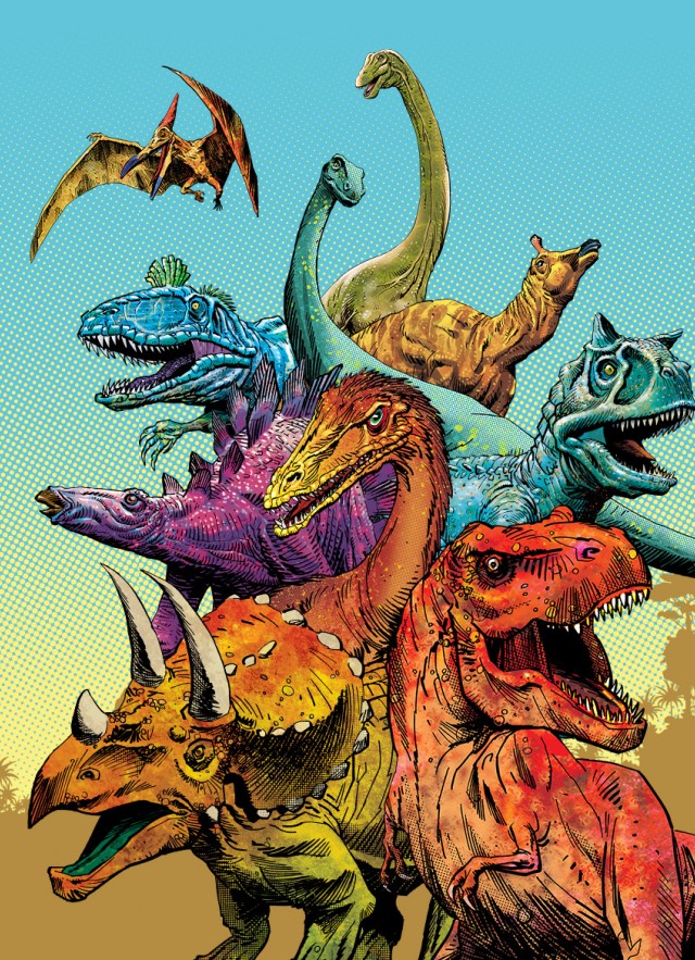 A collage of dinosaurs of various types 