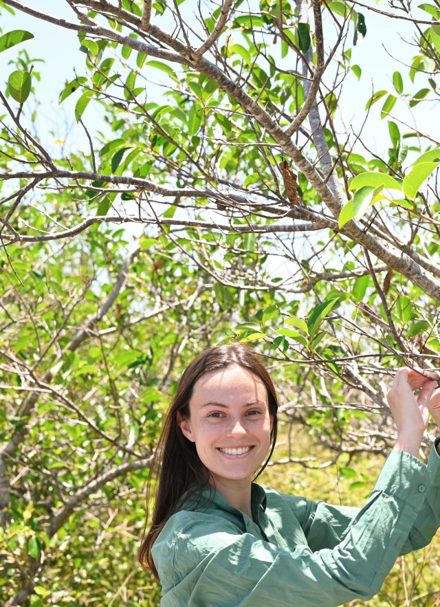 a woman holds a twig from a tree