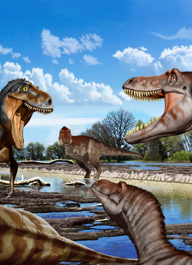 A nanotyrannus confronts two juvenile t.rex while a subadult looms in the distance