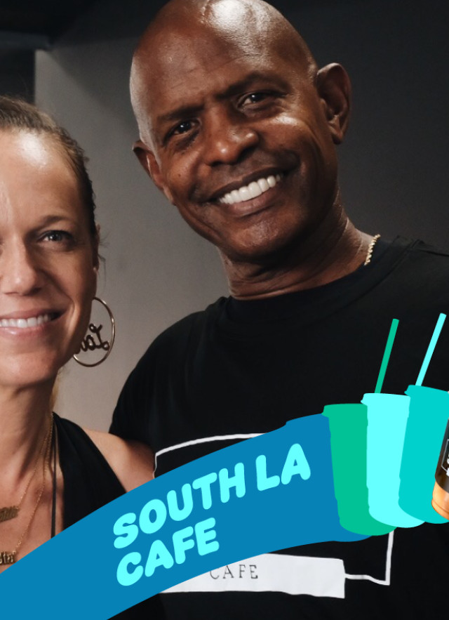 South LA Cafe co-founders Joe and Celia Ward-Wallace smiling together inside their cafe. A teal graphic banner across the bottom features the company name and their signature "Western" horchata latte.