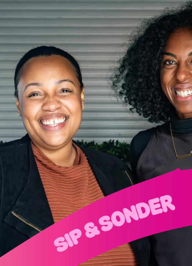 Two women pose together as a pink digital banner labeled "Sip & Sonder" ends in a coffee in front of them