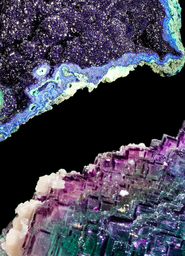 Two purple and blue geodes