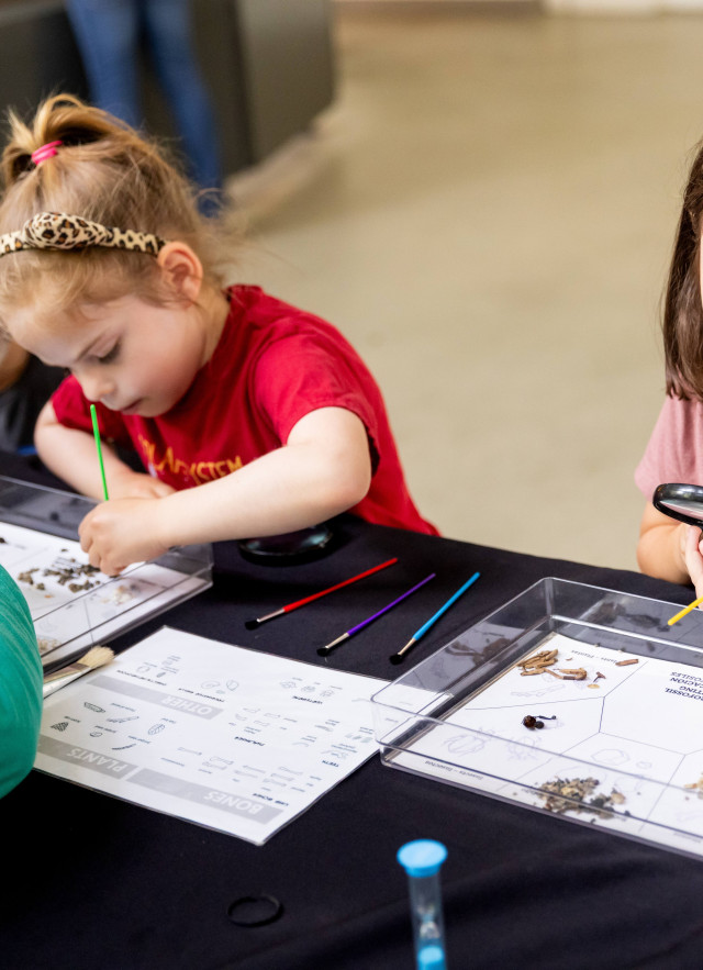 Two young girls at a black table working on microfossil sorting with paintbrushes and a magnifying glass