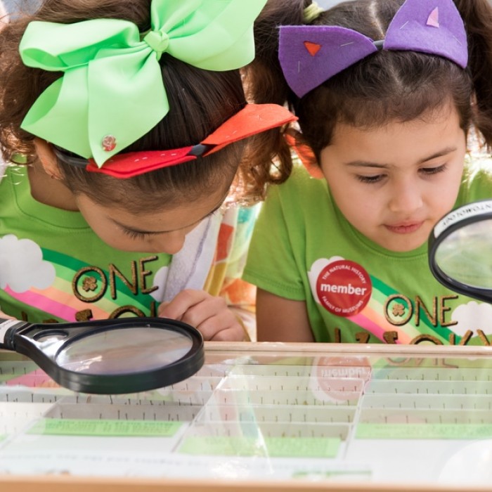 Photograph of kids using magnifying glasses to look at NHM collection items