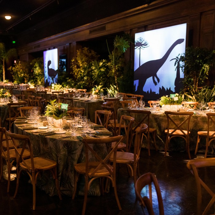 tables set-up at dinosaur ball NHM dino ball event