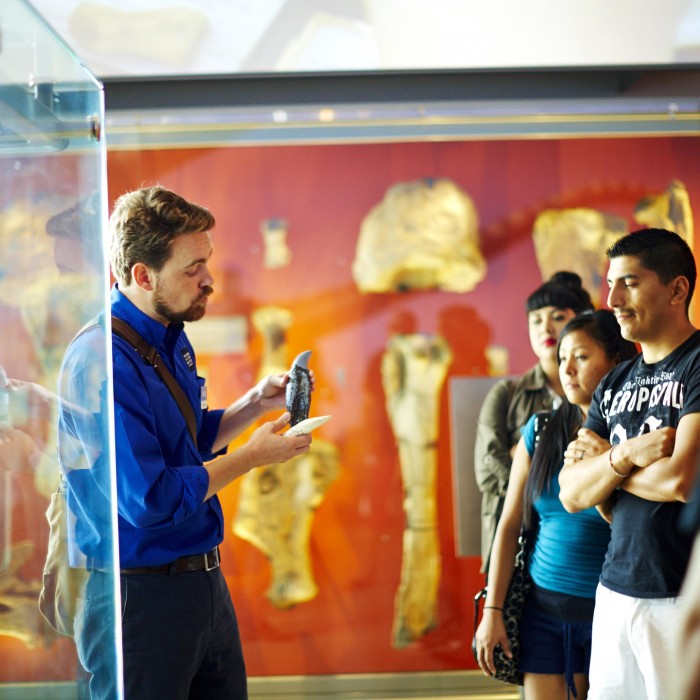 gallery interpreter on tour with guests dinosaur hall