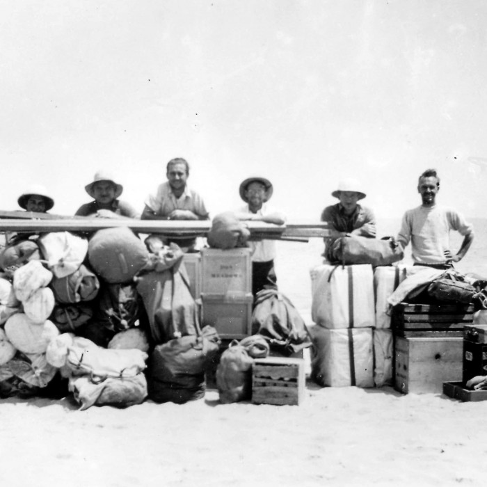 Anthropology research expedition to Channel Islands, archival photo w/ lots of equipment