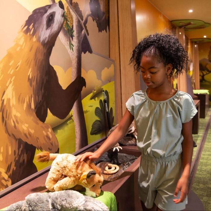 Child touching a stuffed animal with an illustration of a sloth on the wall next to her
