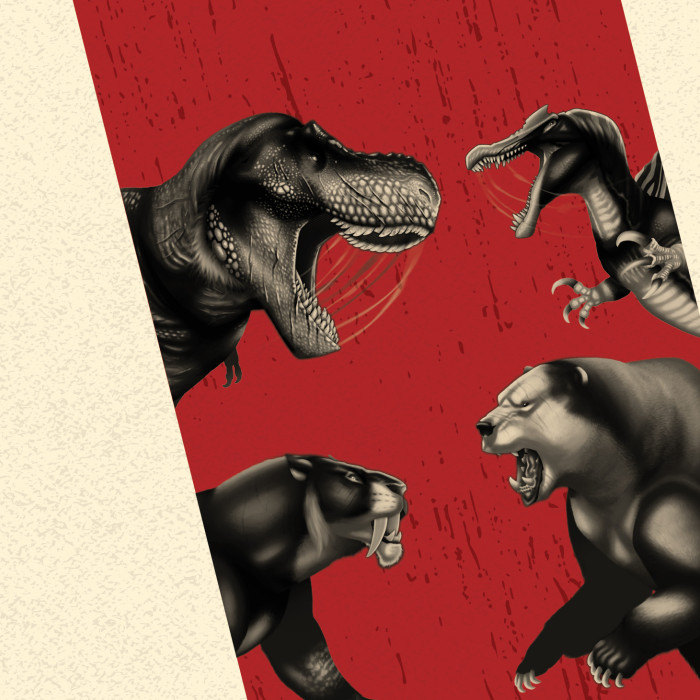Black and white dinosaurs facing each other above a saber-toothed cat facing a bear, against a red stripe on a cream background