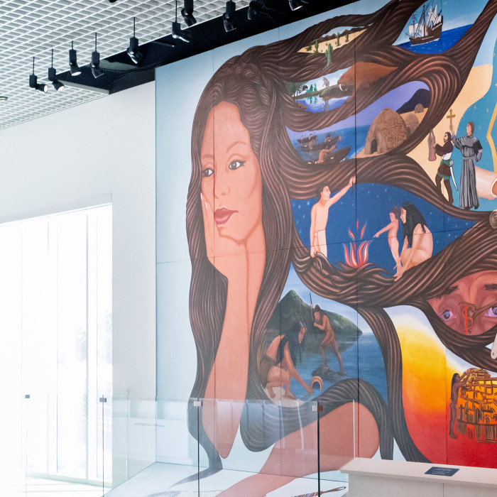 Mural of a woman with head in hand and vignettes within her hair