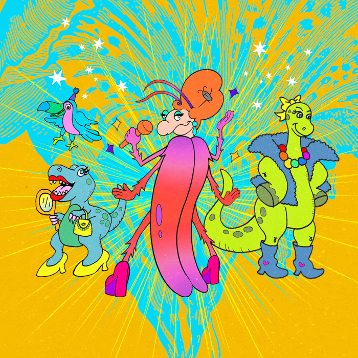 This event poster, titled "PRIDE in BLOOM," features whimsical, retro-style illustrations of cartoon dinosaurs, a bird and an insect in drag on a mustard yellow and turquoise backdrop. It is an announcement for an event sponsored by the Natural History Museum Los Angeles County, DRAG ARTS LAB, and Los Angeles Public Library.