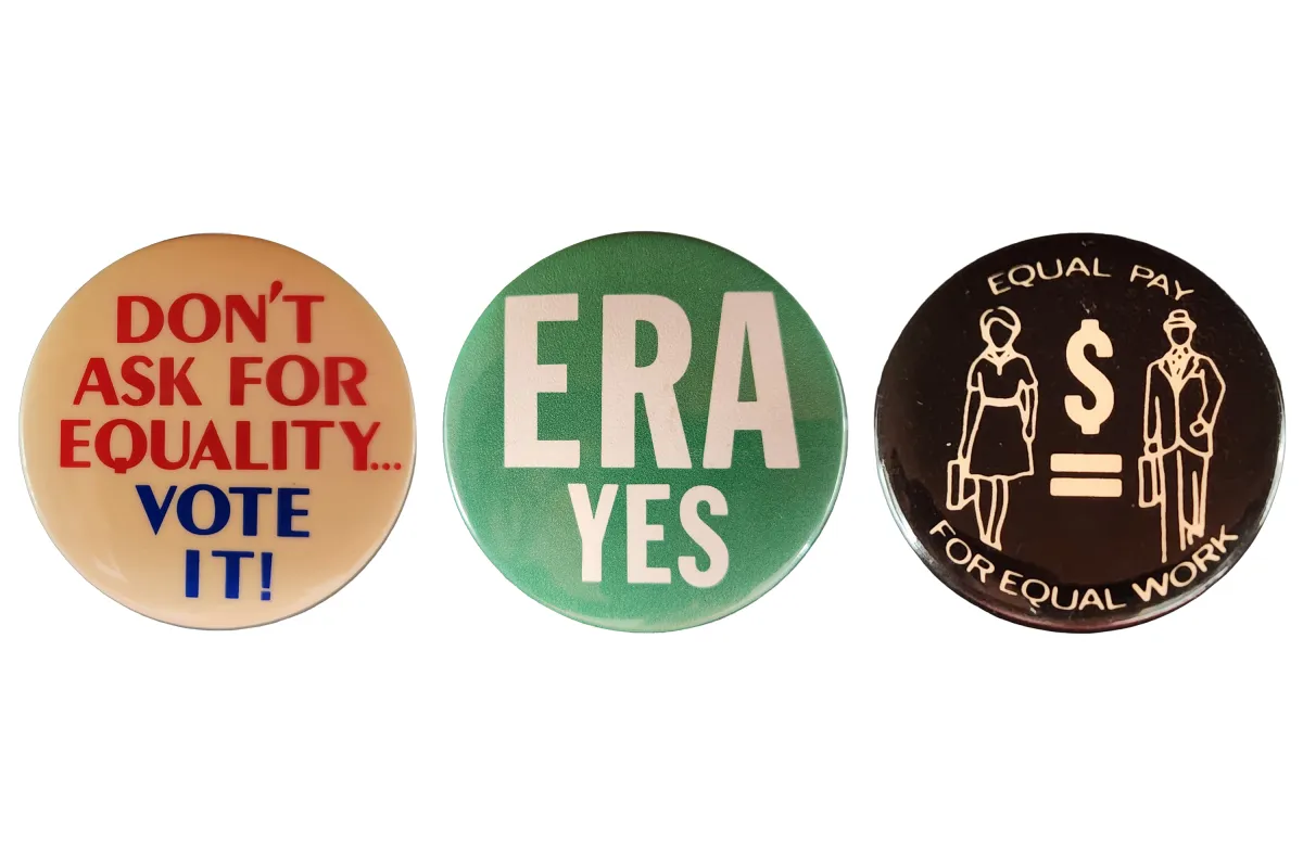 Three buttons that read "Don't ask for equality. Vote it!"; "Era Yes"; and "Equal pay for equal work"