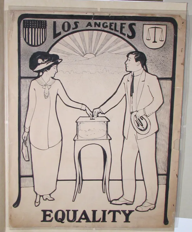 “Los Angeles Equality” in black capital letters above and below a man and woman holding hands