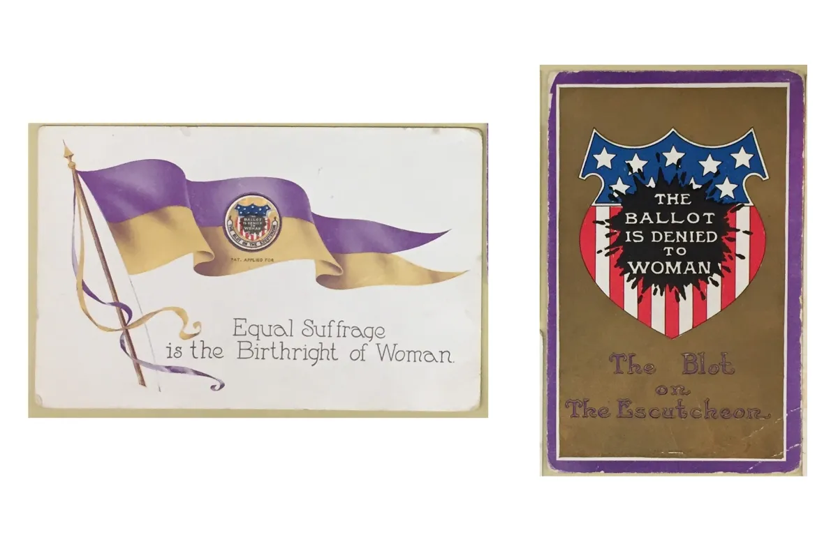 Two suffrage postcards, one with a flag and the other a shield