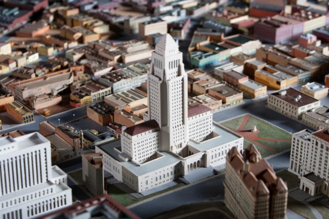 Close up photo of city model including the L.A. City Hall from Becoming Los Angeles exhibition