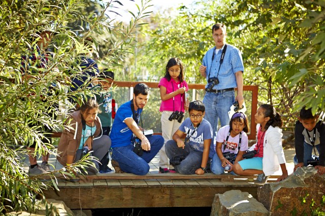 group next to the pond in nature gardens