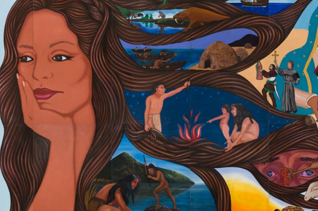 Painting of woman with long hair framing scenes from Los Angeles's past.