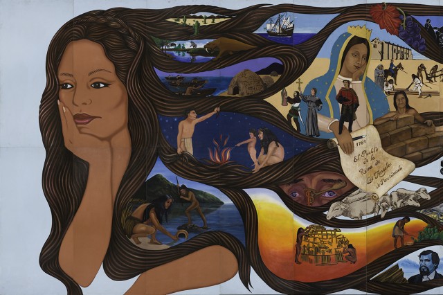 A painting of a woman with scenes of L.A. woven in her hair