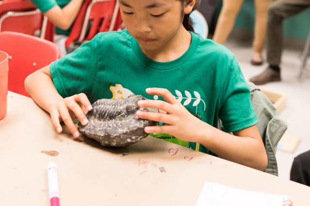 girl with a green shirt holds a large ammonite fossil